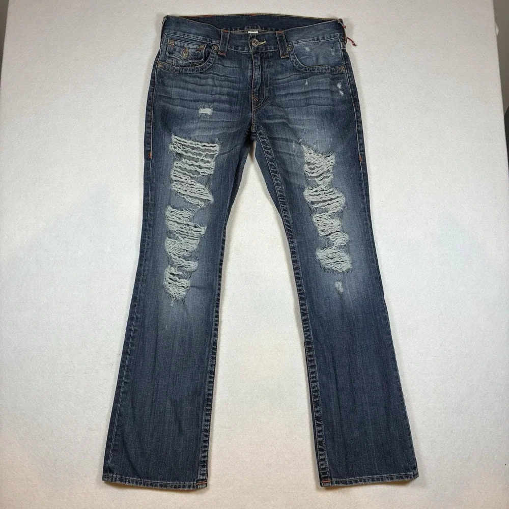 True Religion Ricky Straight Flap Men 33 x 33 Blue Distressed 100% Cotton Jeans